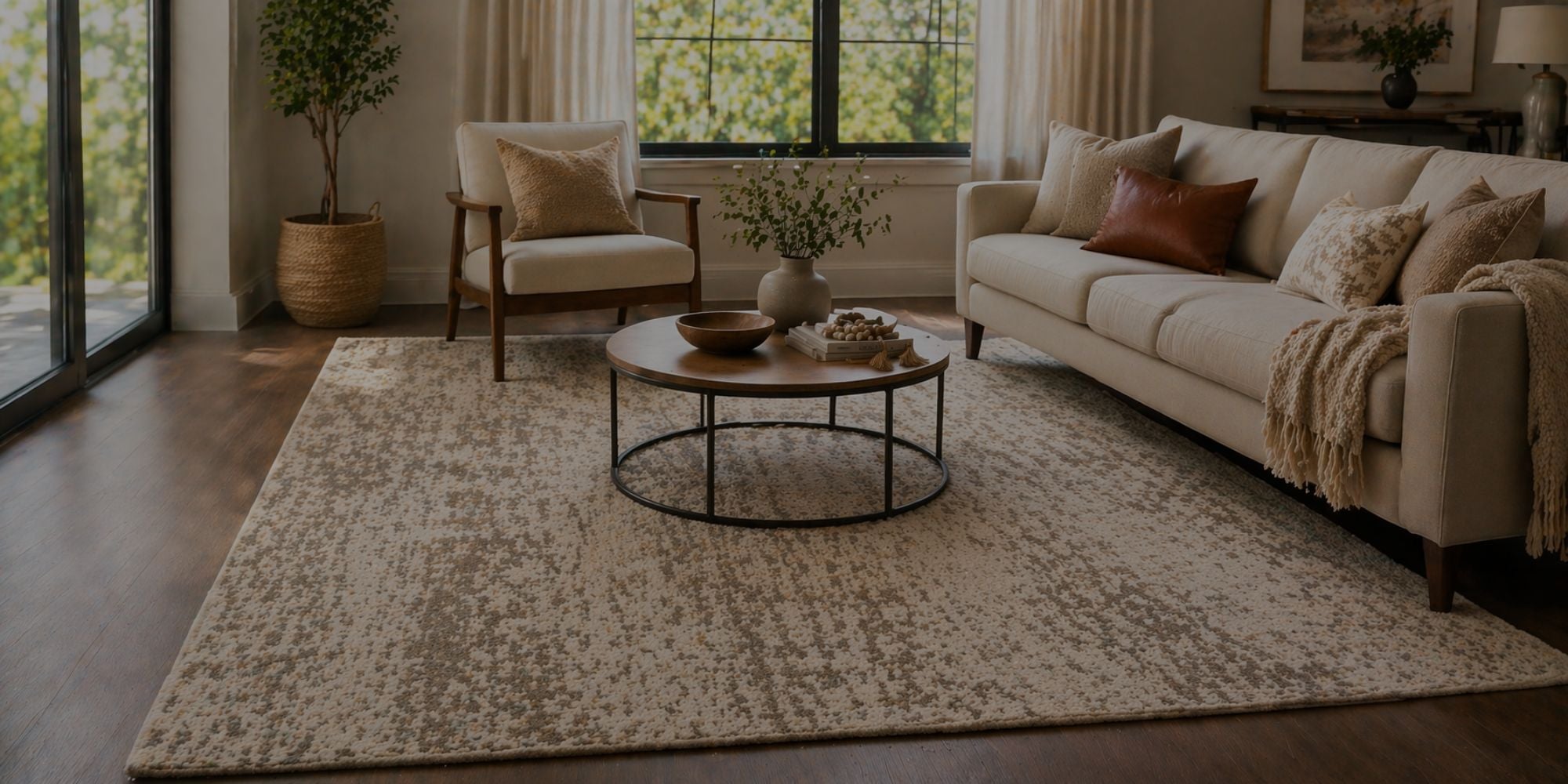 Living room with a beige sofa, armchair, coffee table, and rug.