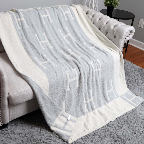 Initial H Patterned Reversible Throw Blanket Soft Cozy Home